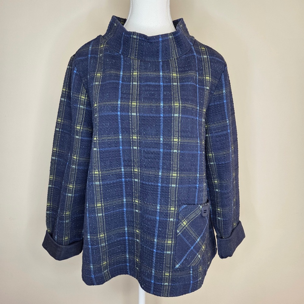 Habitat Clothes To Live In Navy Blue Plaid Mock Neck Textured Top Large